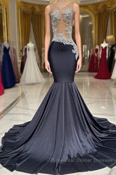 Mermaid V-neck Appliques Lace Sequined Open Back One Shoulder Floor-length Sleeveless Semi Formal Prom Dresses